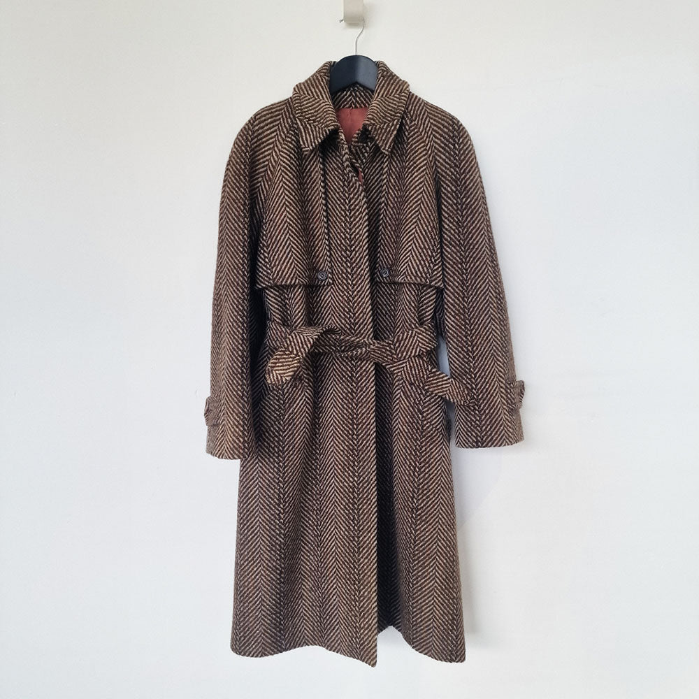 Aquascutum Herringbone Brown Wool Trench Coat UK 10 12 VOUT