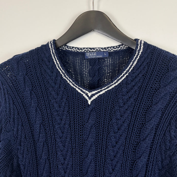 Polo by Ralph Lauren navy cable knit long sleeve v neck jumper - L