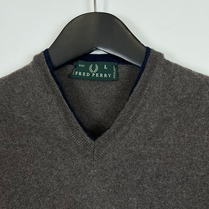 Fred Perry brown v neck wool jumper with navy details - S