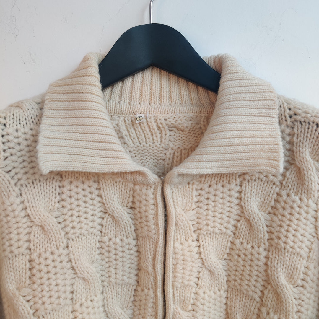 Vintage Knitted Cable Beige Wool Half zip Sweater - UK 12/14