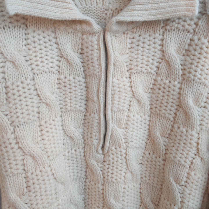 Vintage Knitted Cable Beige Wool Half zip Sweater - UK 12/14