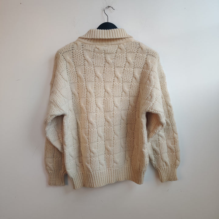 Vintage Knitted Cable Beige Wool Half zip Sweater - UK 12/14