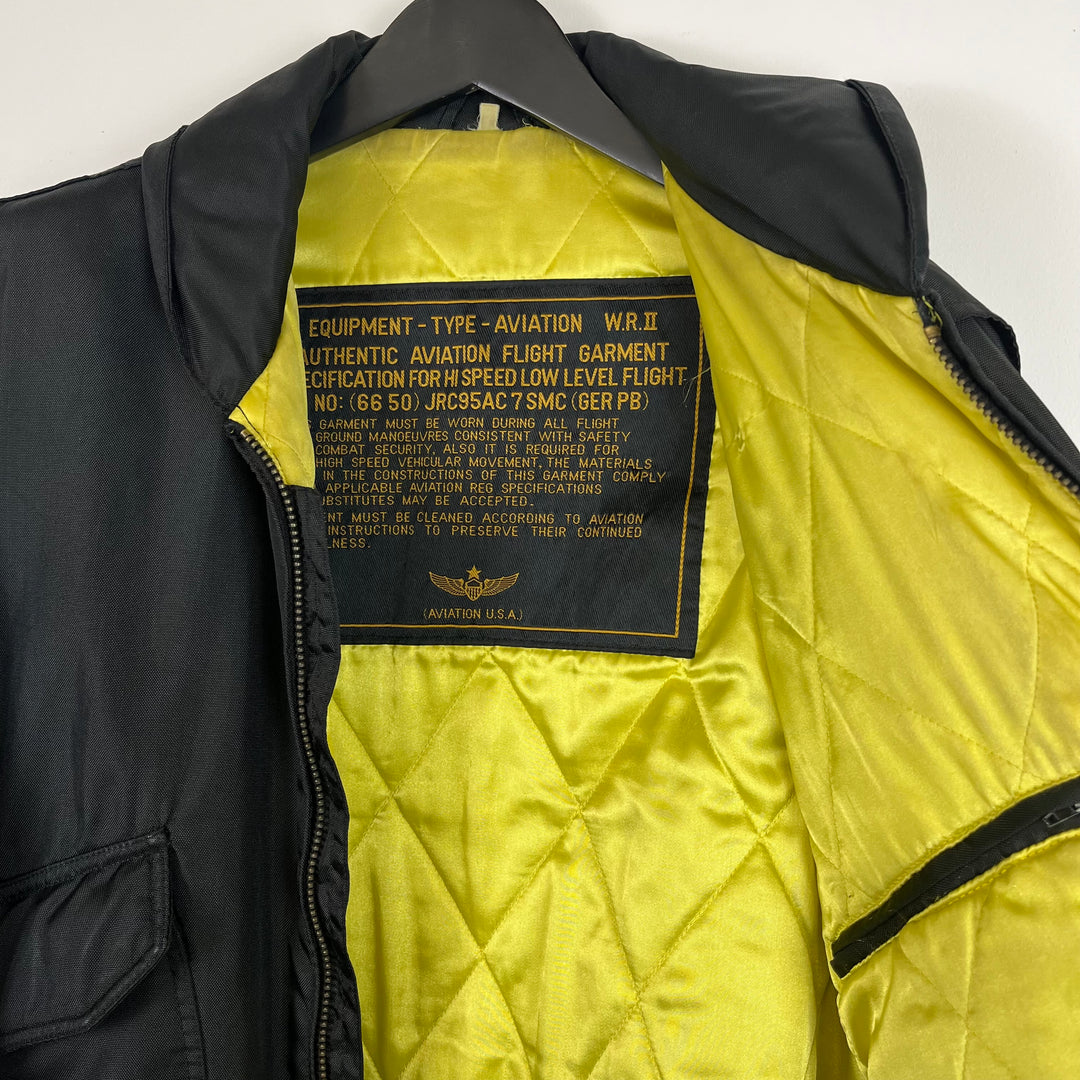 Black aviation flight bomber jacket, lime green quilted lining - XL