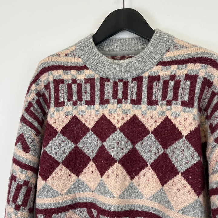 Grey burgundy wool argyle pattern knit jumper - S