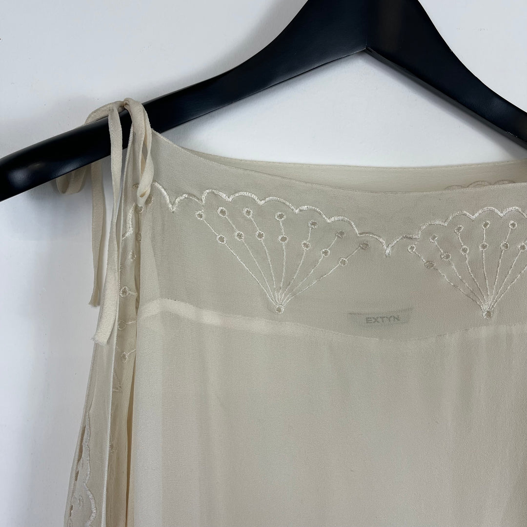 Off white art deco embroidery batwing sleeve tie chiffon blouse - S