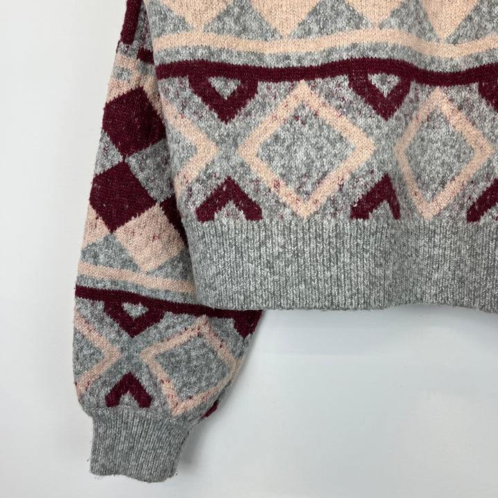 Grey burgundy wool argyle pattern knit jumper - S