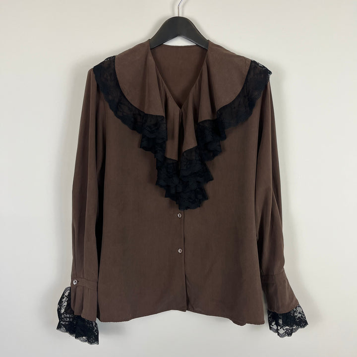 Chocolate brown pure silk long sleeve blouse - UK14