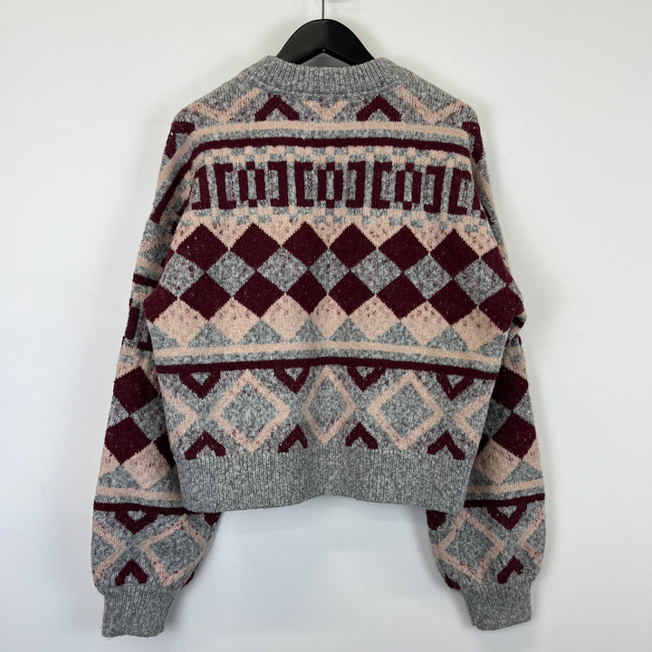 Grey burgundy wool argyle pattern knit jumper - S