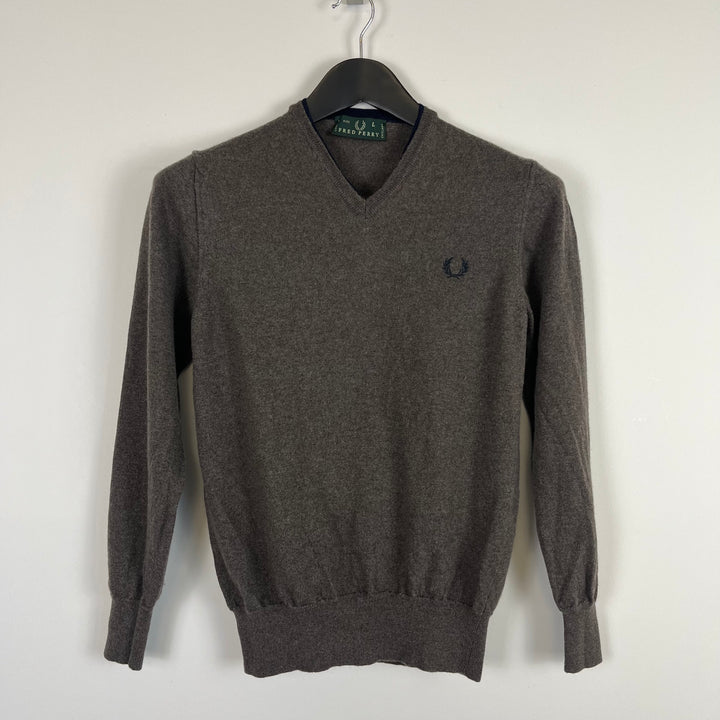 Fred Perry brown v neck wool jumper with navy details - S