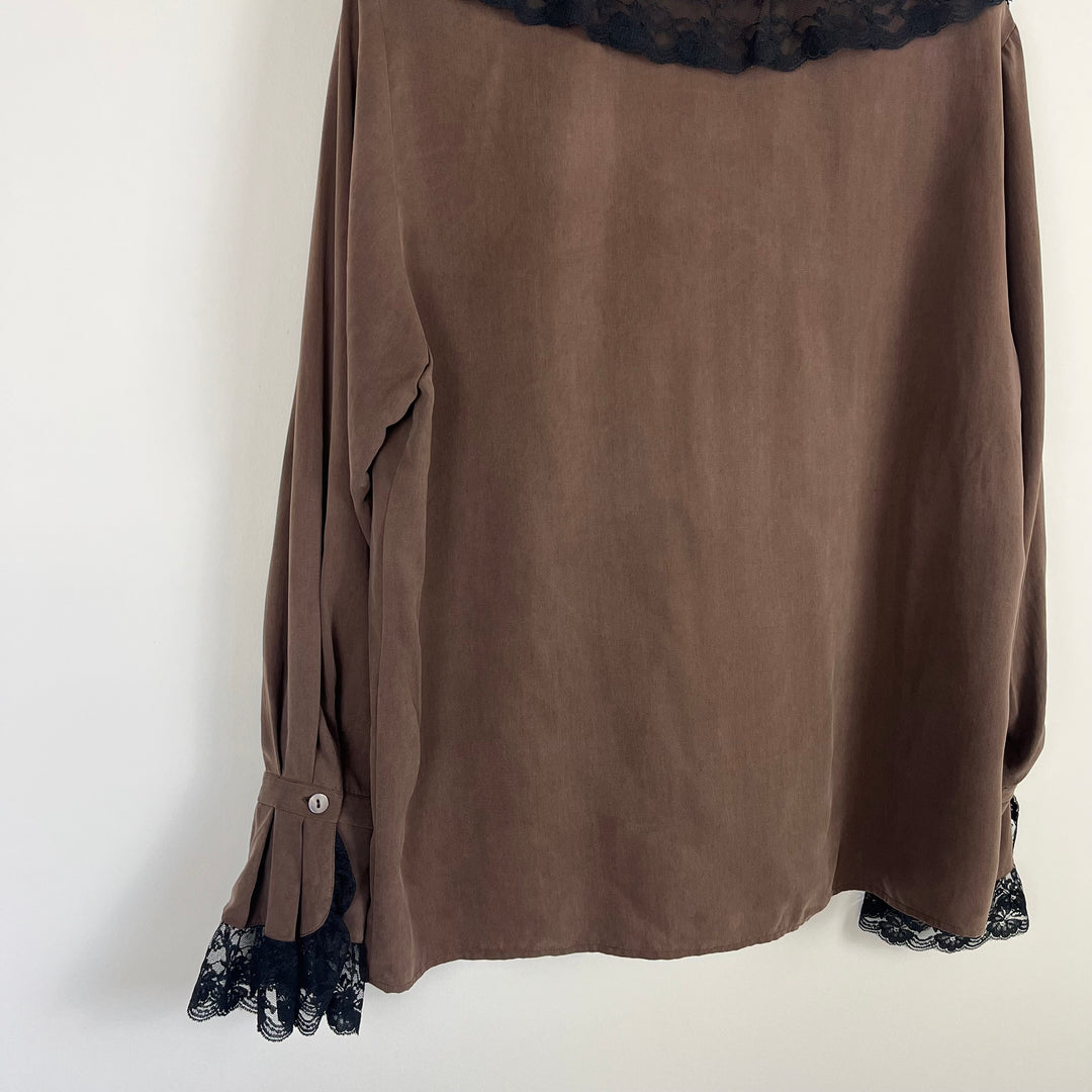 Chocolate brown pure silk long sleeve blouse - UK14