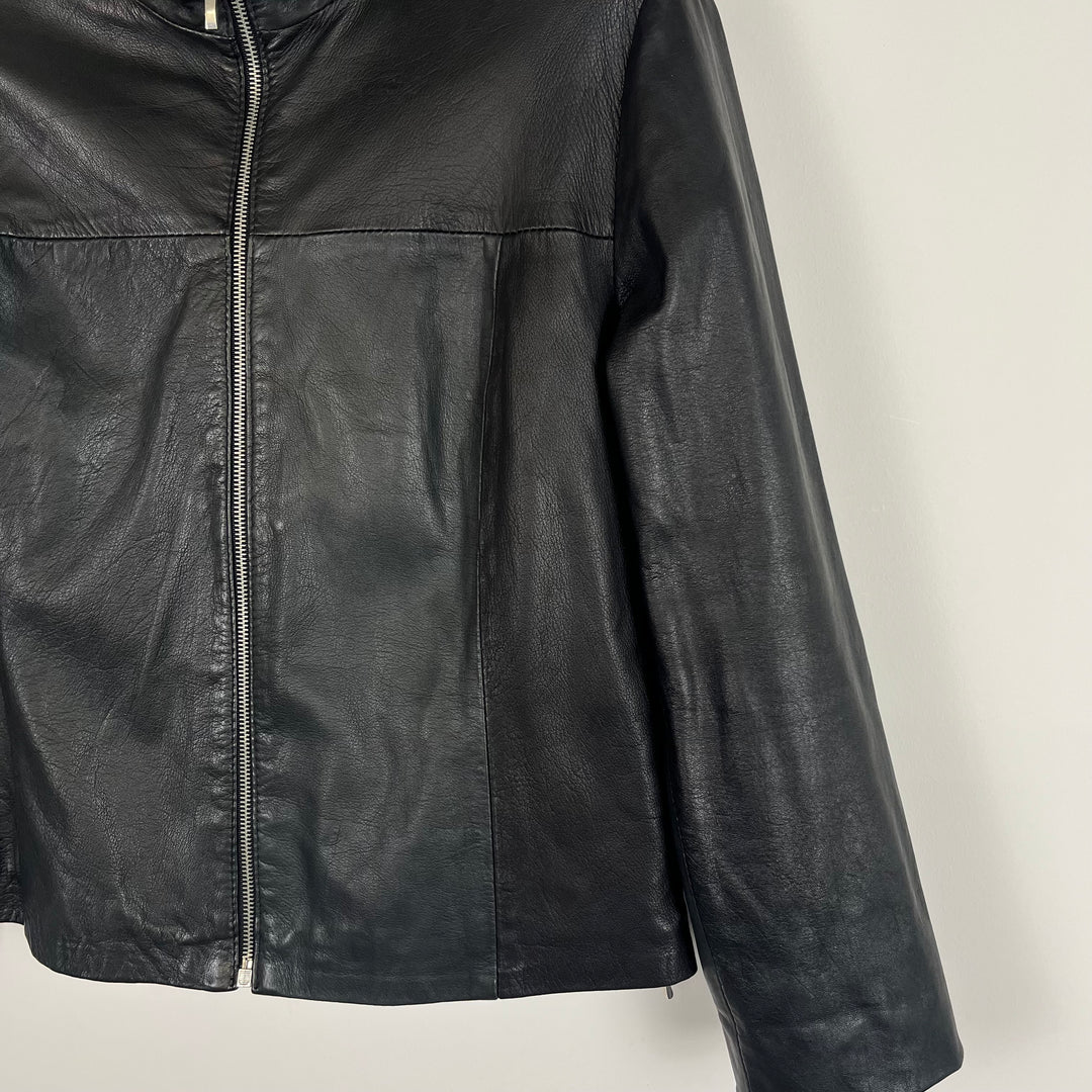 Black leather boxy crop fit jacket - L