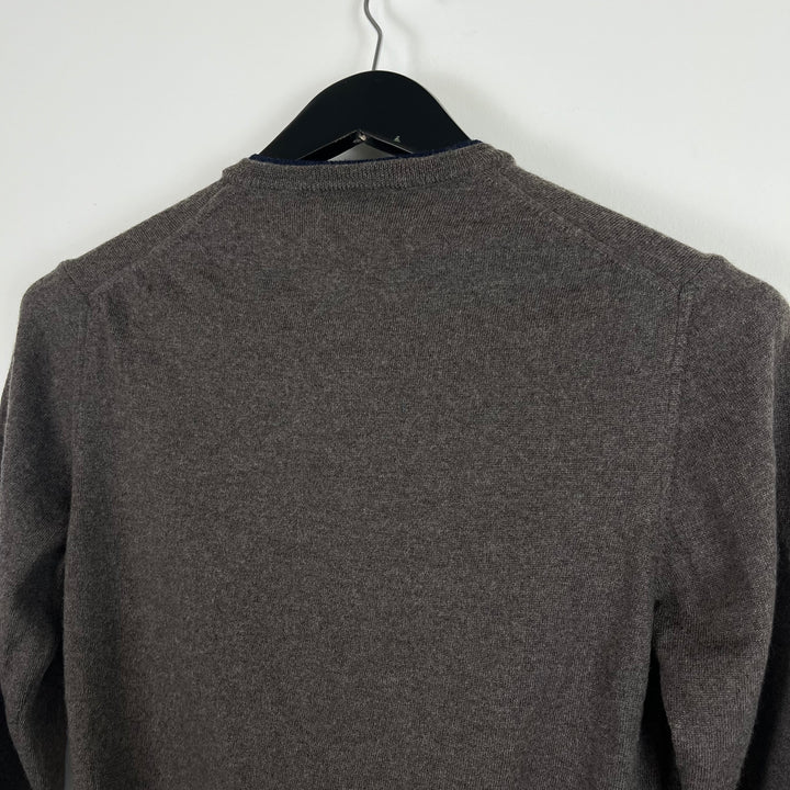 Fred Perry brown v neck wool jumper with navy details - S