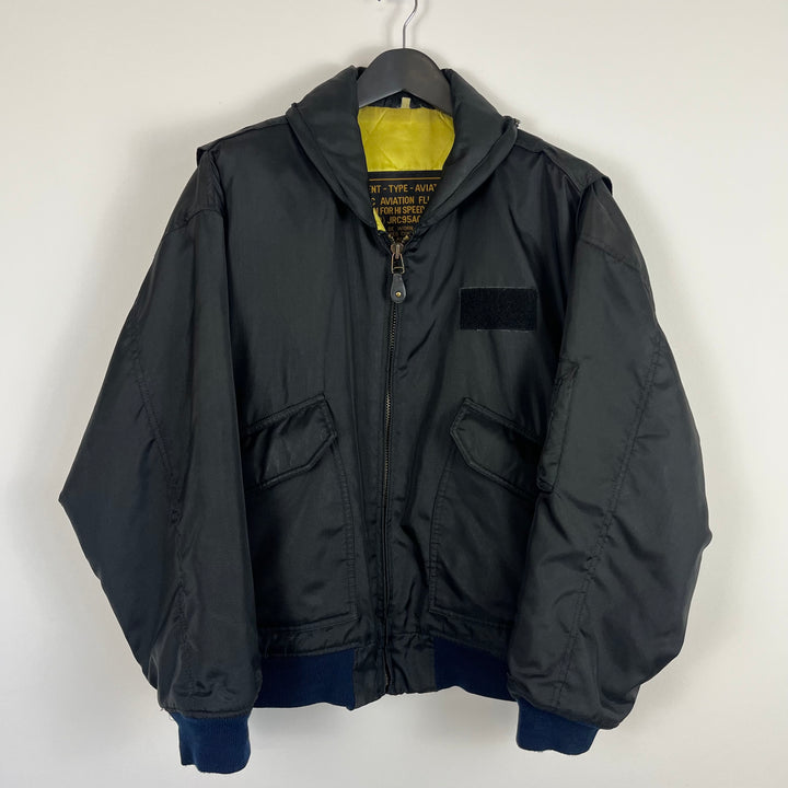 Black aviation flight bomber jacket, lime green quilted lining - XL