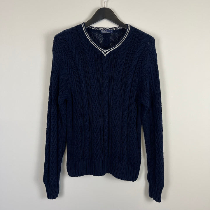 Polo by Ralph Lauren navy cable knit long sleeve v neck jumper - L