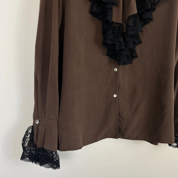 Chocolate brown pure silk long sleeve blouse - UK14