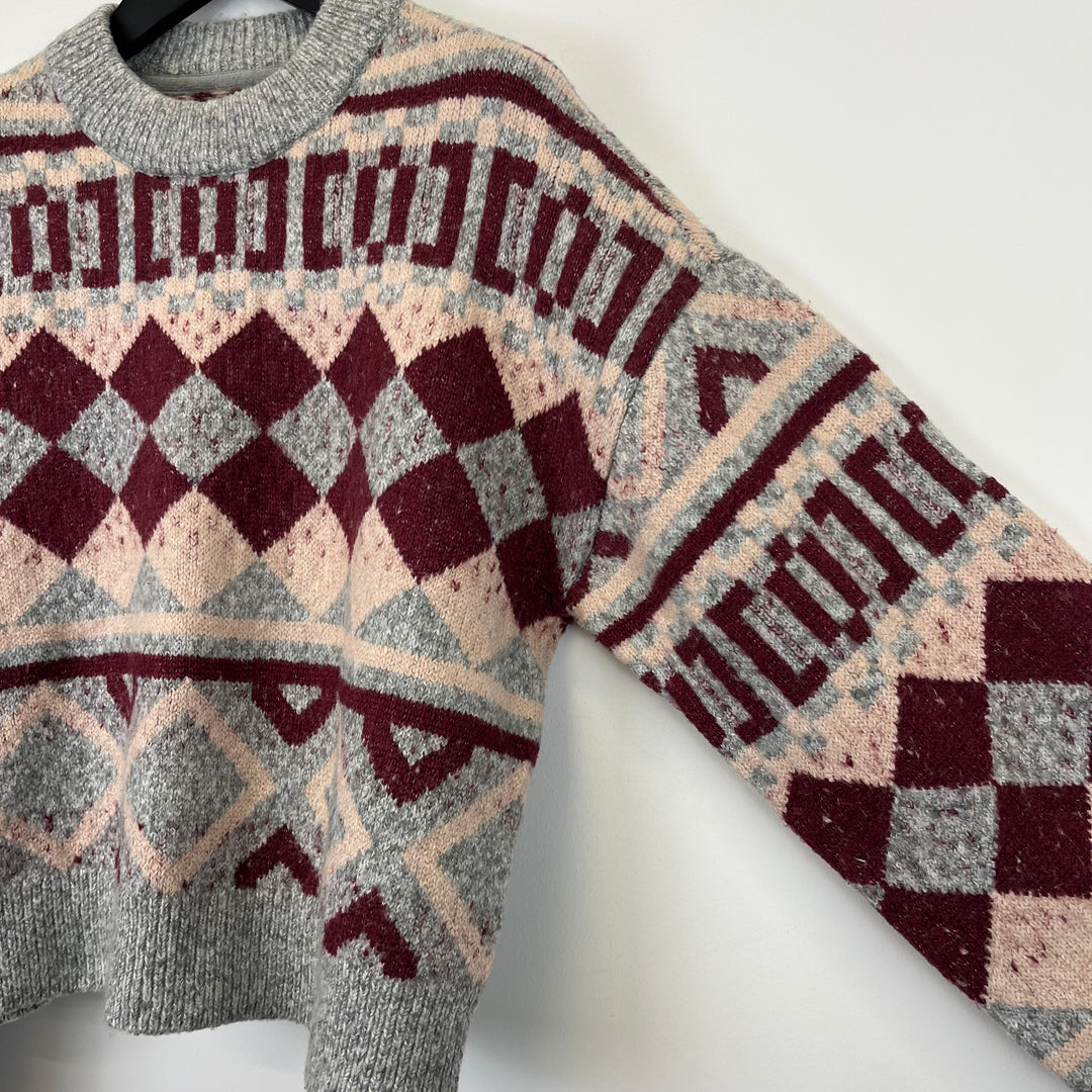 Grey burgundy wool argyle pattern knit jumper - S