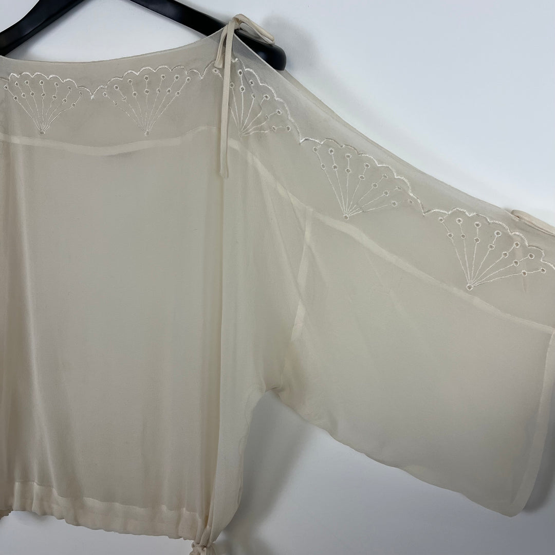 Off white art deco embroidery batwing sleeve tie chiffon blouse - S