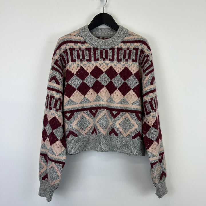 Grey burgundy wool argyle pattern knit jumper - S