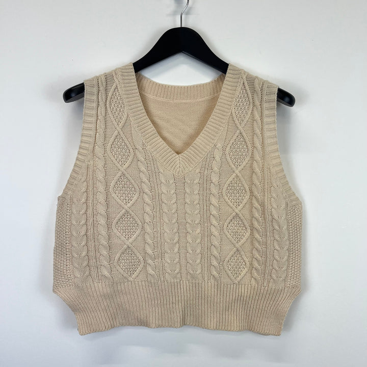 Cream cropped cable v-neck vest - S