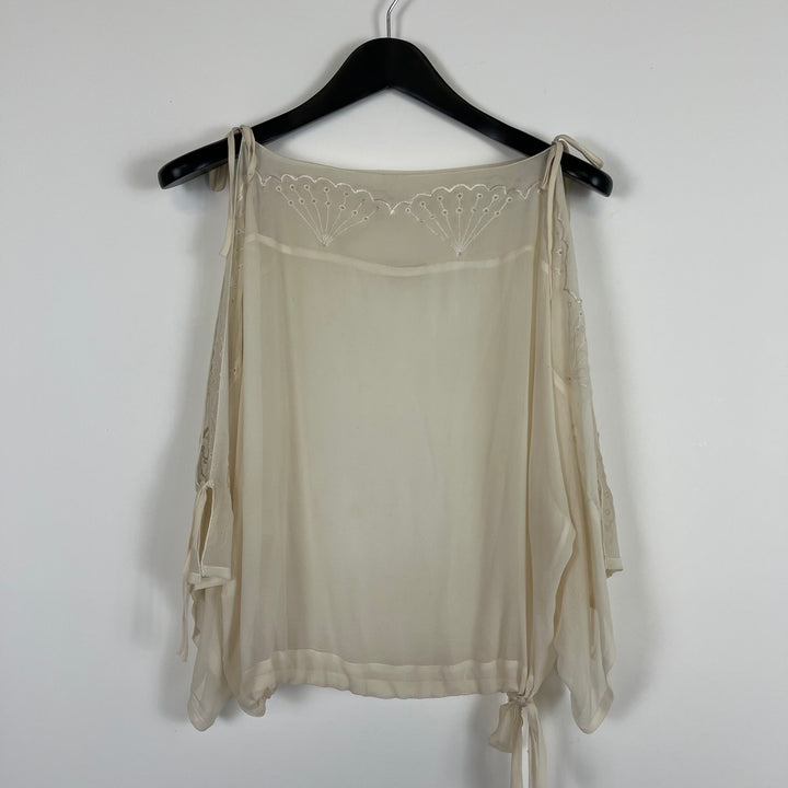 Off white art deco embroidery batwing sleeve tie chiffon blouse - S