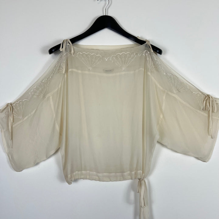 Off white art deco embroidery batwing sleeve tie chiffon blouse - S