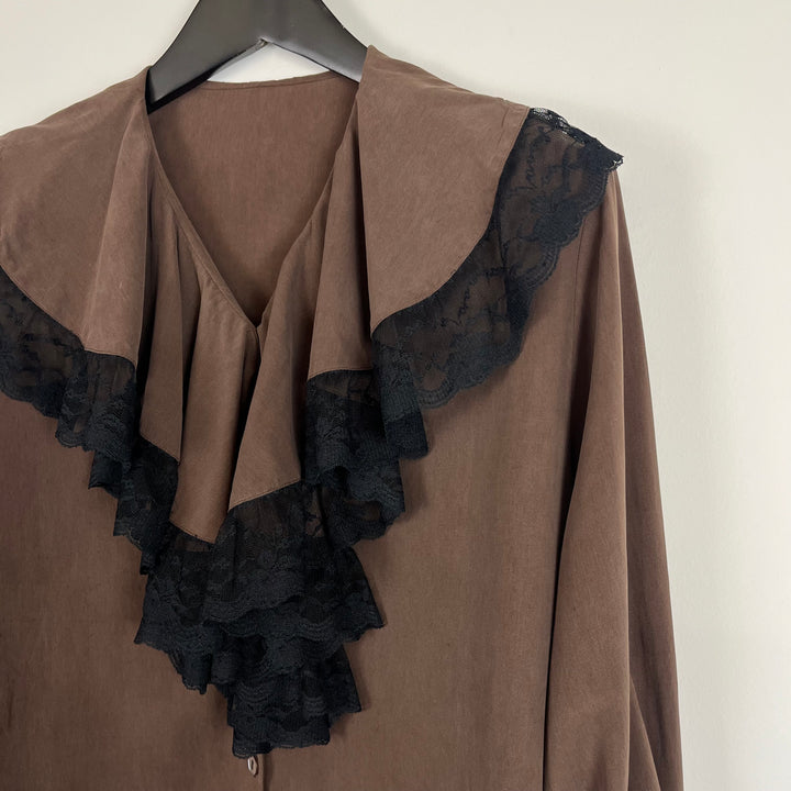 Chocolate brown pure silk long sleeve blouse - UK14