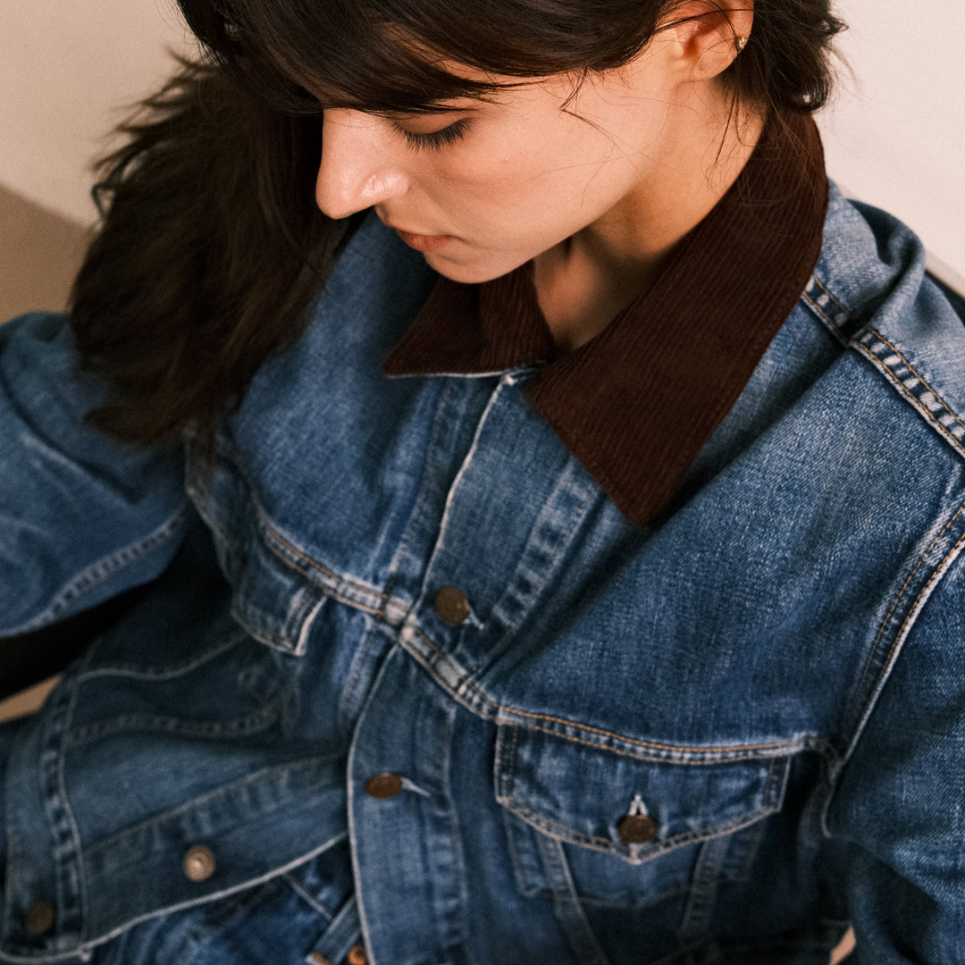 Boxy cord collar denim Jacket - Deep indigo