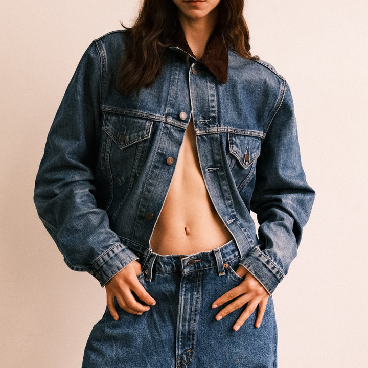 Boxy cord collar denim Jacket - Deep indigo