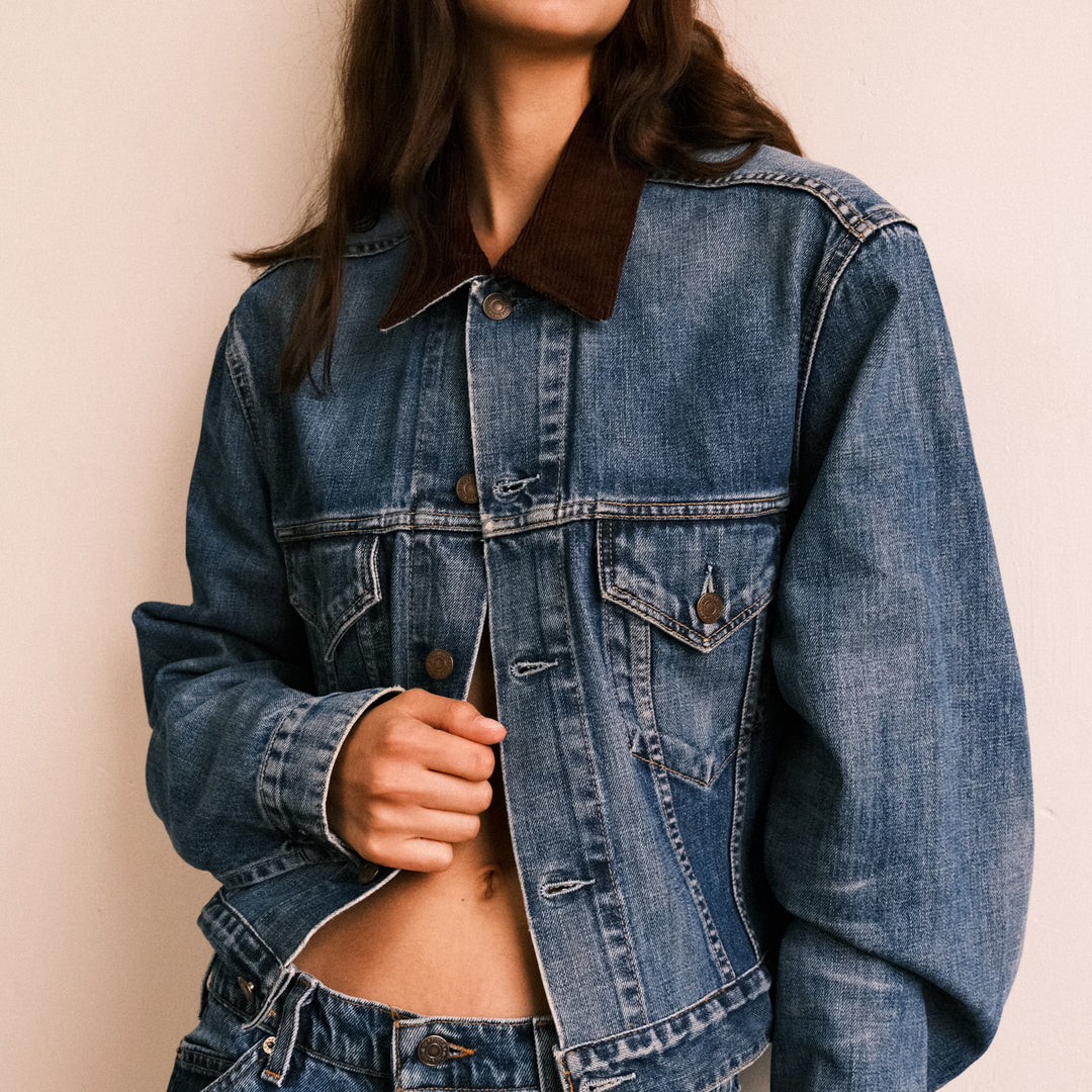 Boxy cord collar denim Jacket - Deep indigo