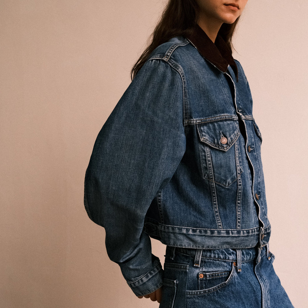 Boxy cord collar denim Jacket - Deep indigo