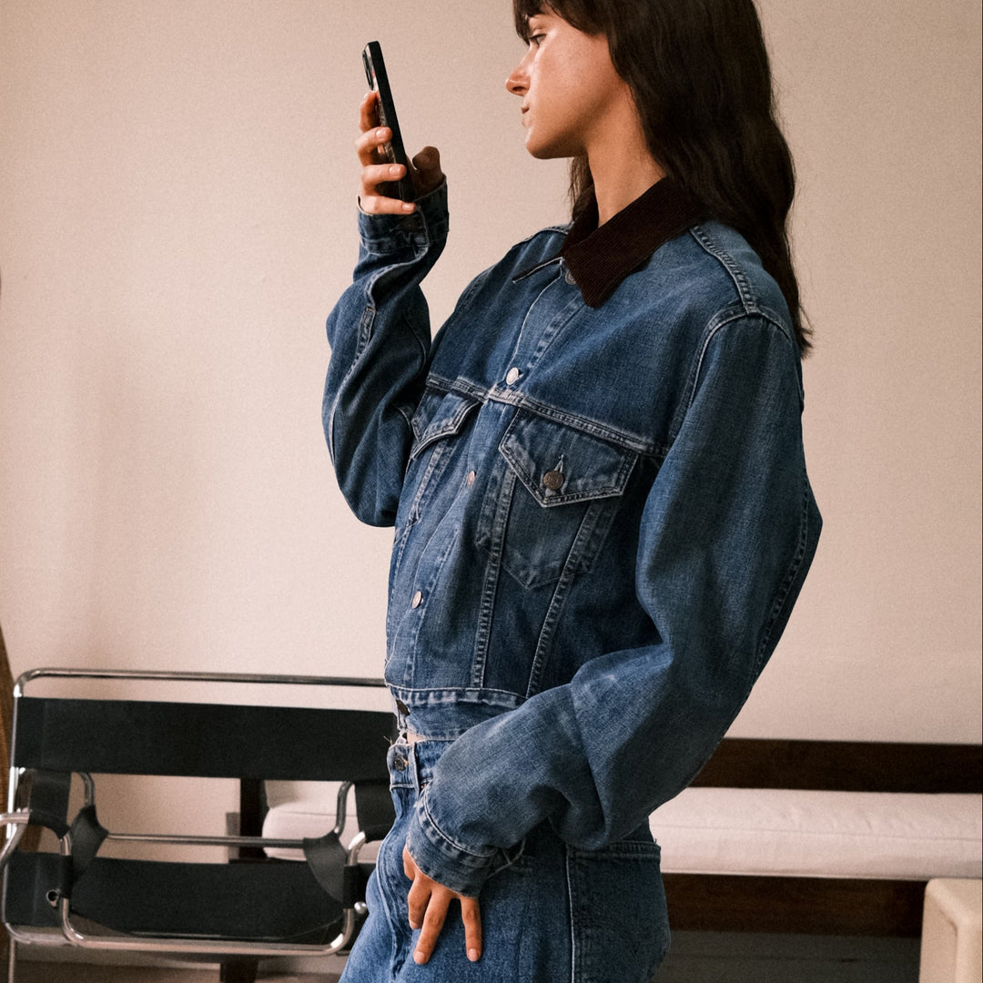 Boxy cord collar denim Jacket - Deep indigo