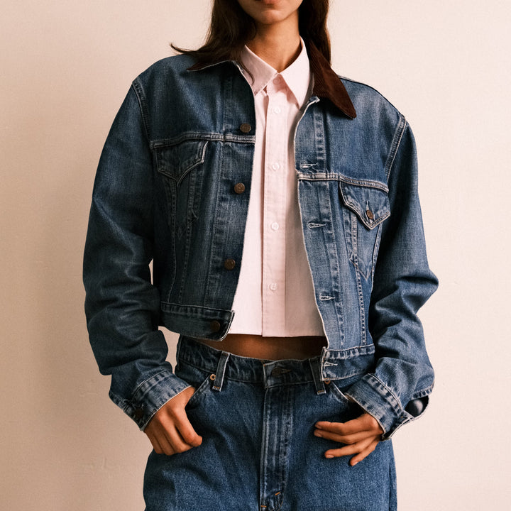 Boxy cord collar denim Jacket - Deep indigo