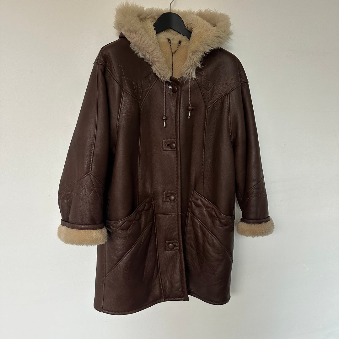 Brown Real Leather Shearling Coat - M