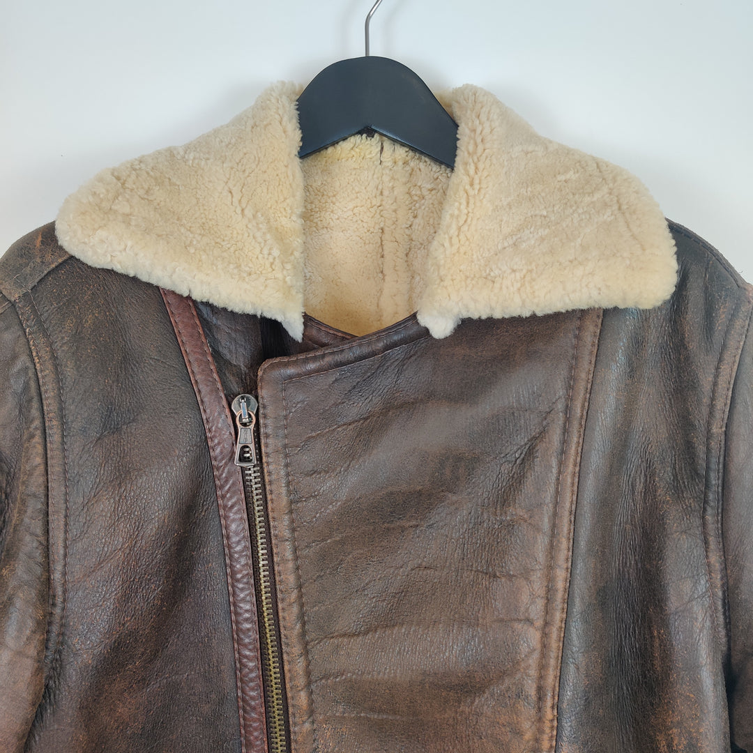 Premium Brown Leather Aviator Jacket - S