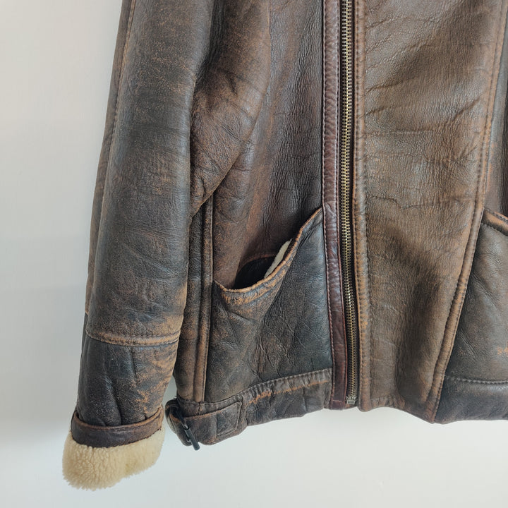 Premium Brown Leather Aviator Jacket - S