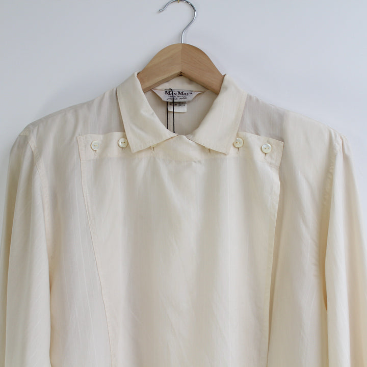 Max Mara cream Ivory pure silk stripe long sleeve folded extra button placket with cuff links and shoulder pads