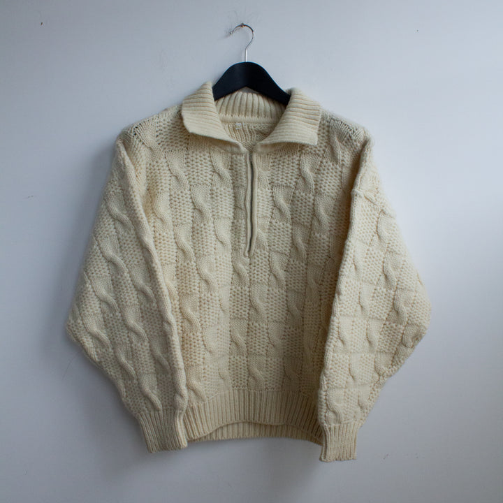 Vintage Knitted Cable Beige Wool Half zip Sweater - UK 12/14