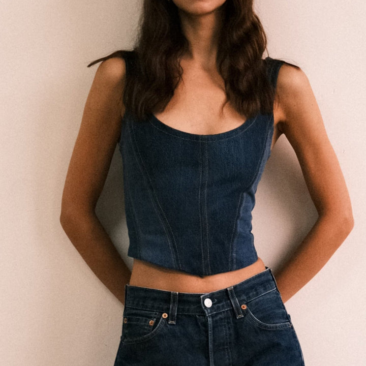 Corset panelled denim top - deep indigo