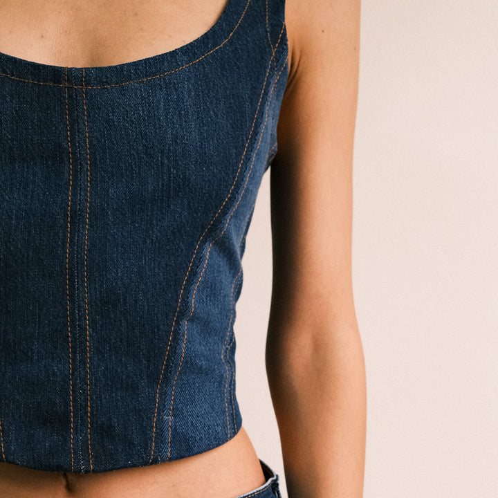 Corset panelled denim top - deep indigo